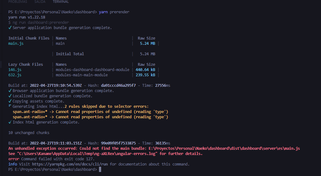 prerender An unhandled exception occurred Could not find the main