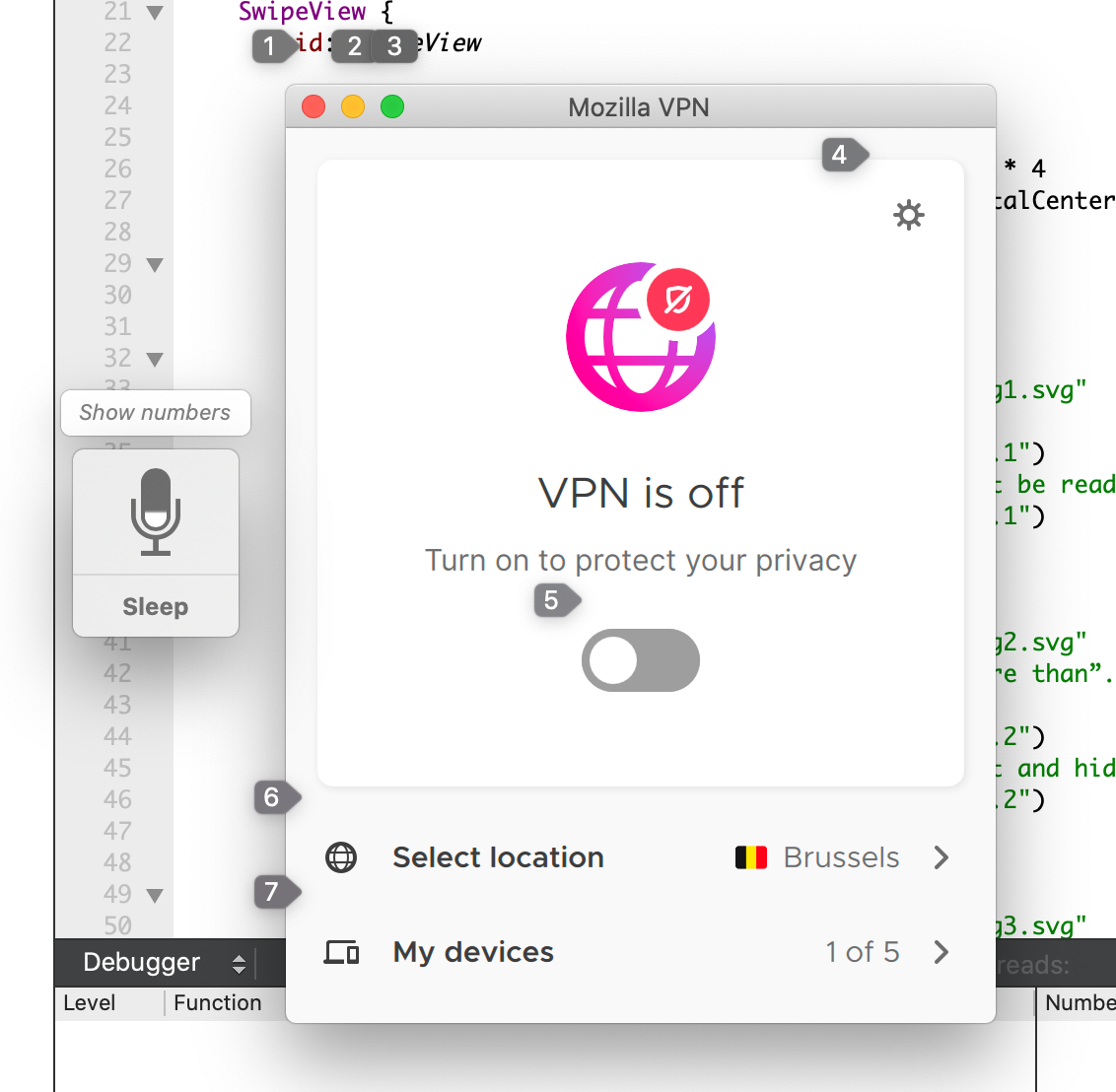 Screenshot of the VPN app that shows voice control numbers overlay mis-aligned