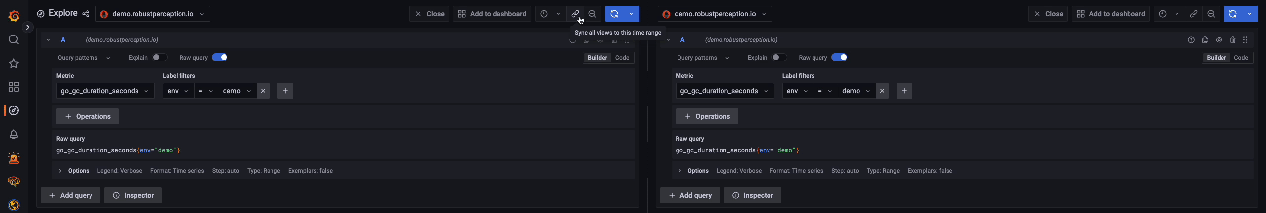 Explore: Split screen, sync time range, close a view and sync indicator ...