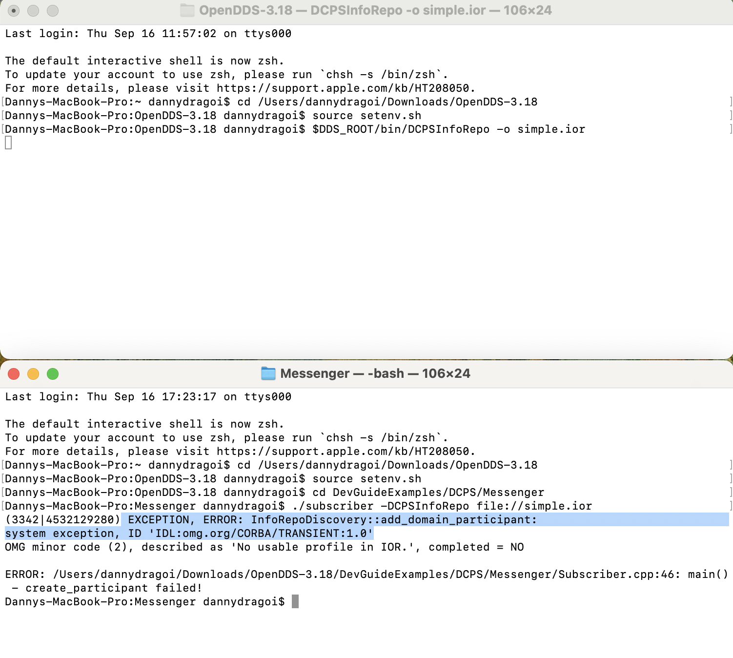 EXCEPTION, ERROR InfoRepoDiscoveryadd_domain_participant system