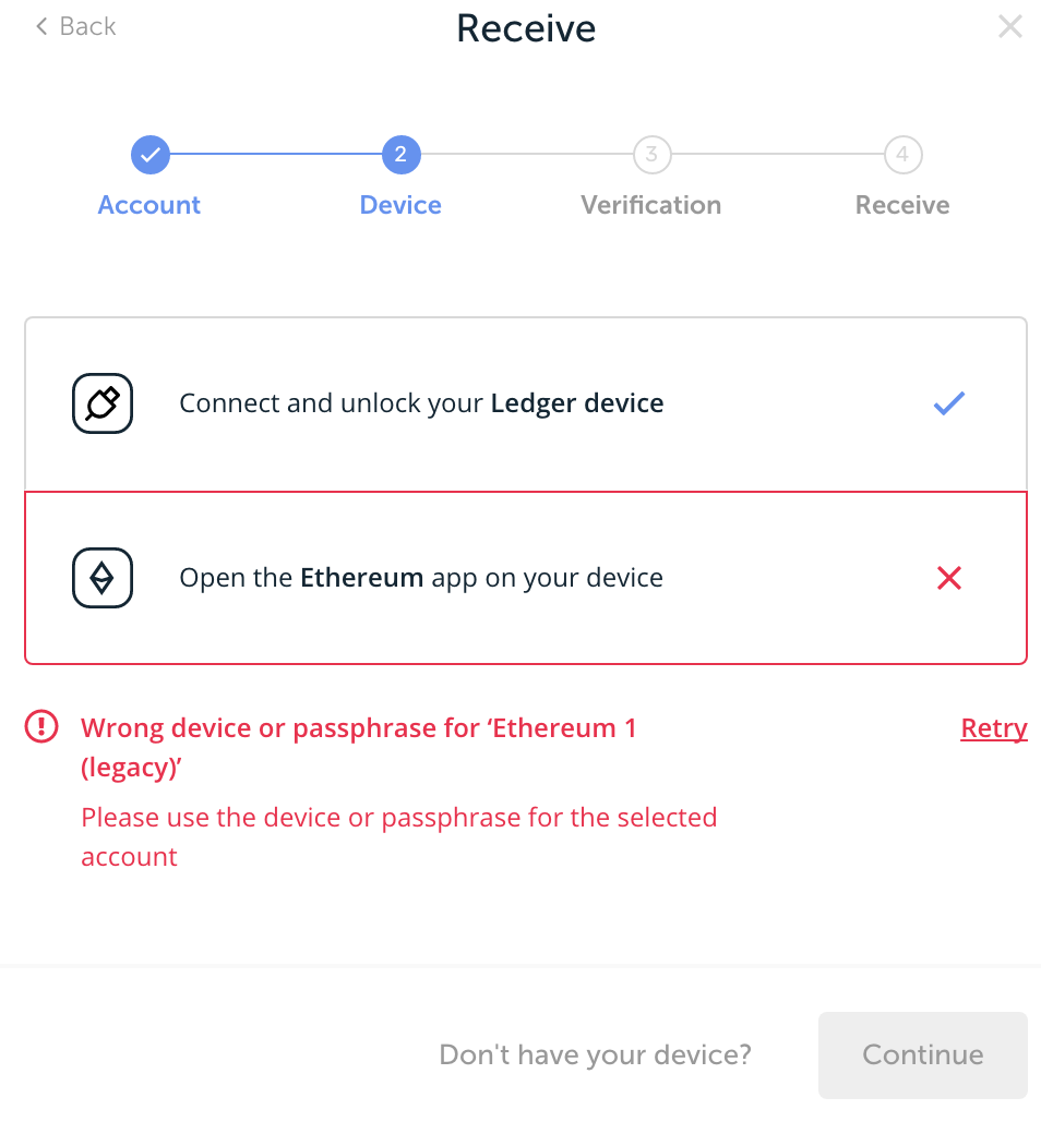 Wrong device or passphrase error before signing the transaction