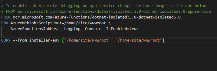 "AzureFunctionsJobHost__Logging__Console__IsEnabled=true" should have ...