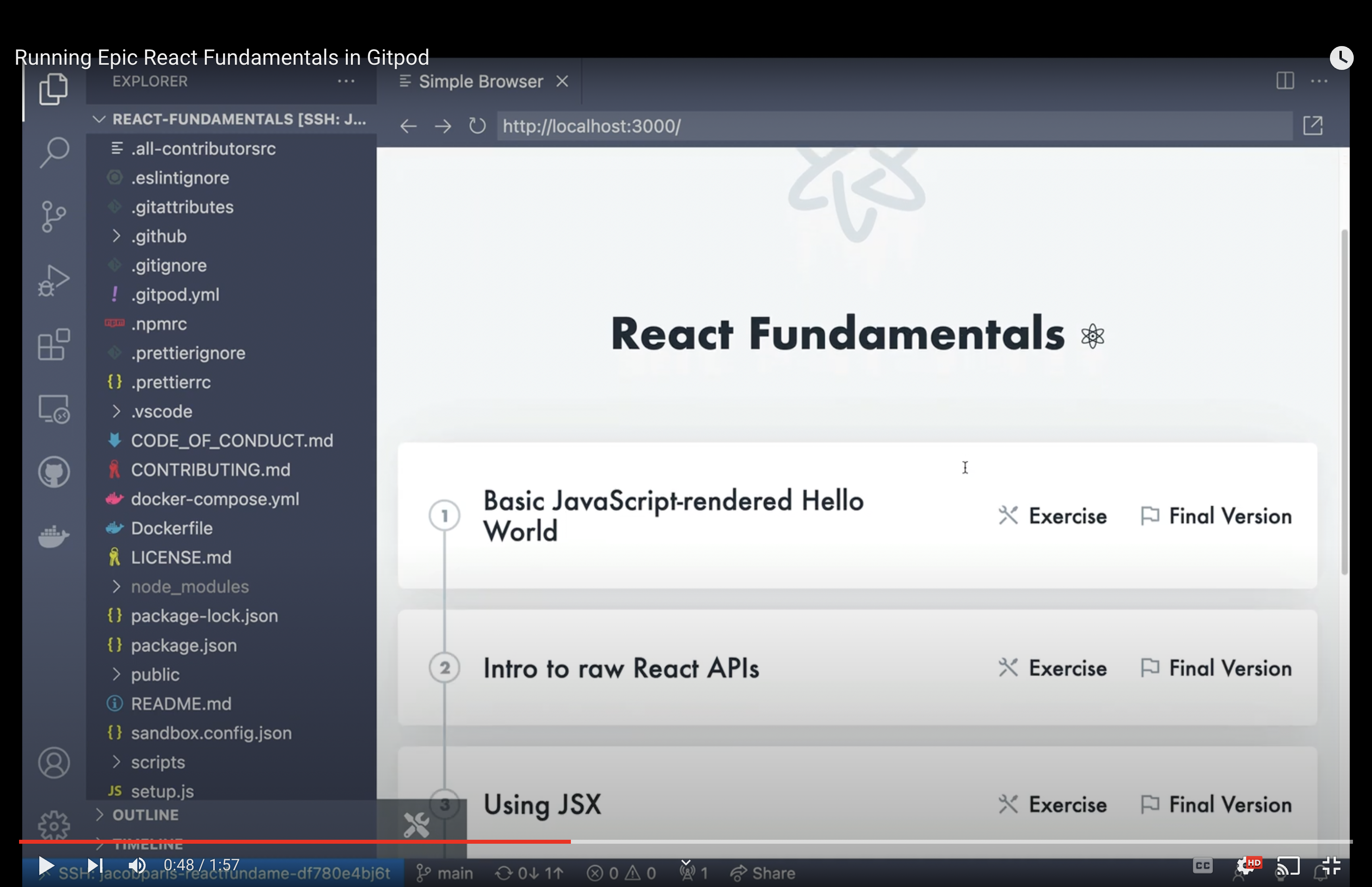 Running Epic React Fundamentals in Gitpod