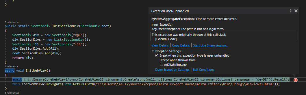EnsureCoreWebView2Async throws "ArgumentException: The path is not of a ...