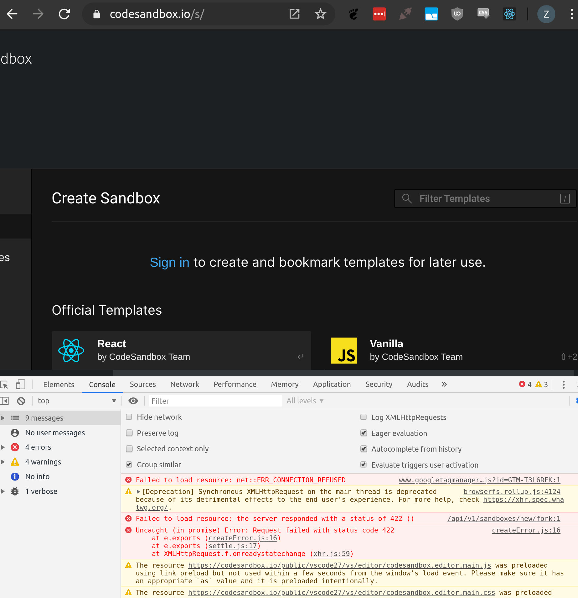 HTTP 422 Can't create a new fork, unusable. · Issue #3870 · codesandbox ...
