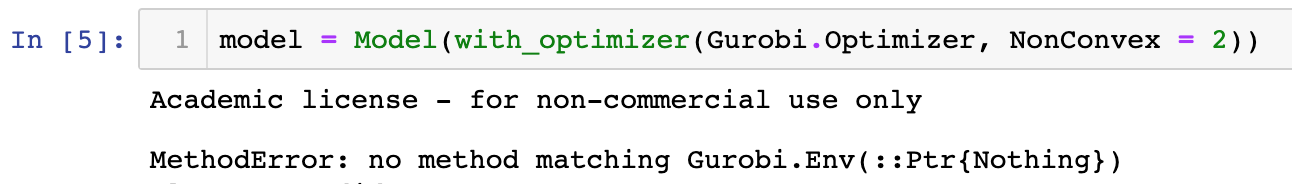 MethodError: no method matching Gurobi.Env(::Ptr{Nothing}) · Issue #290 ...