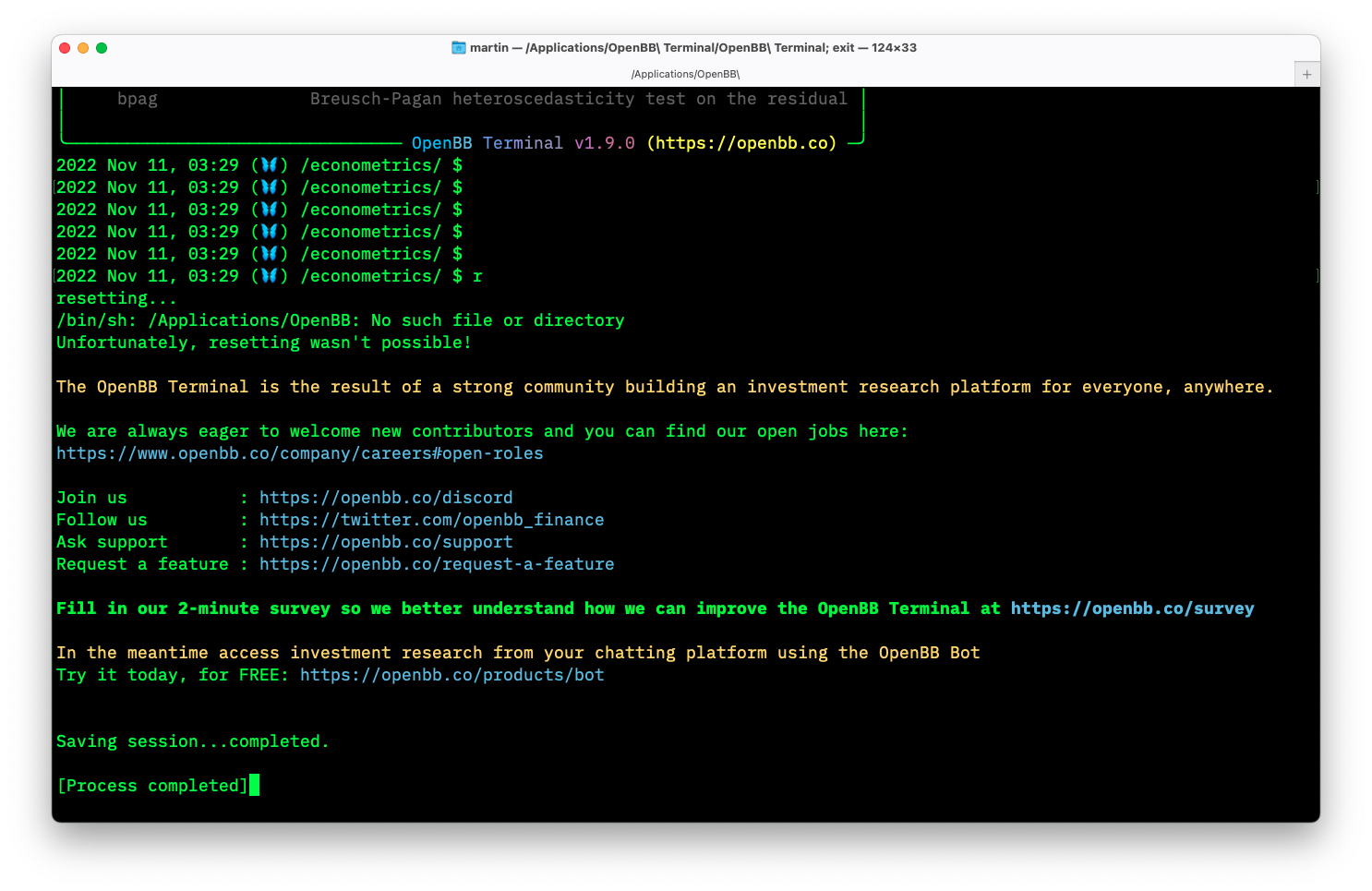 [Bug] resetting not possible / crashes terminal · Issue #3383 · OpenBB ...