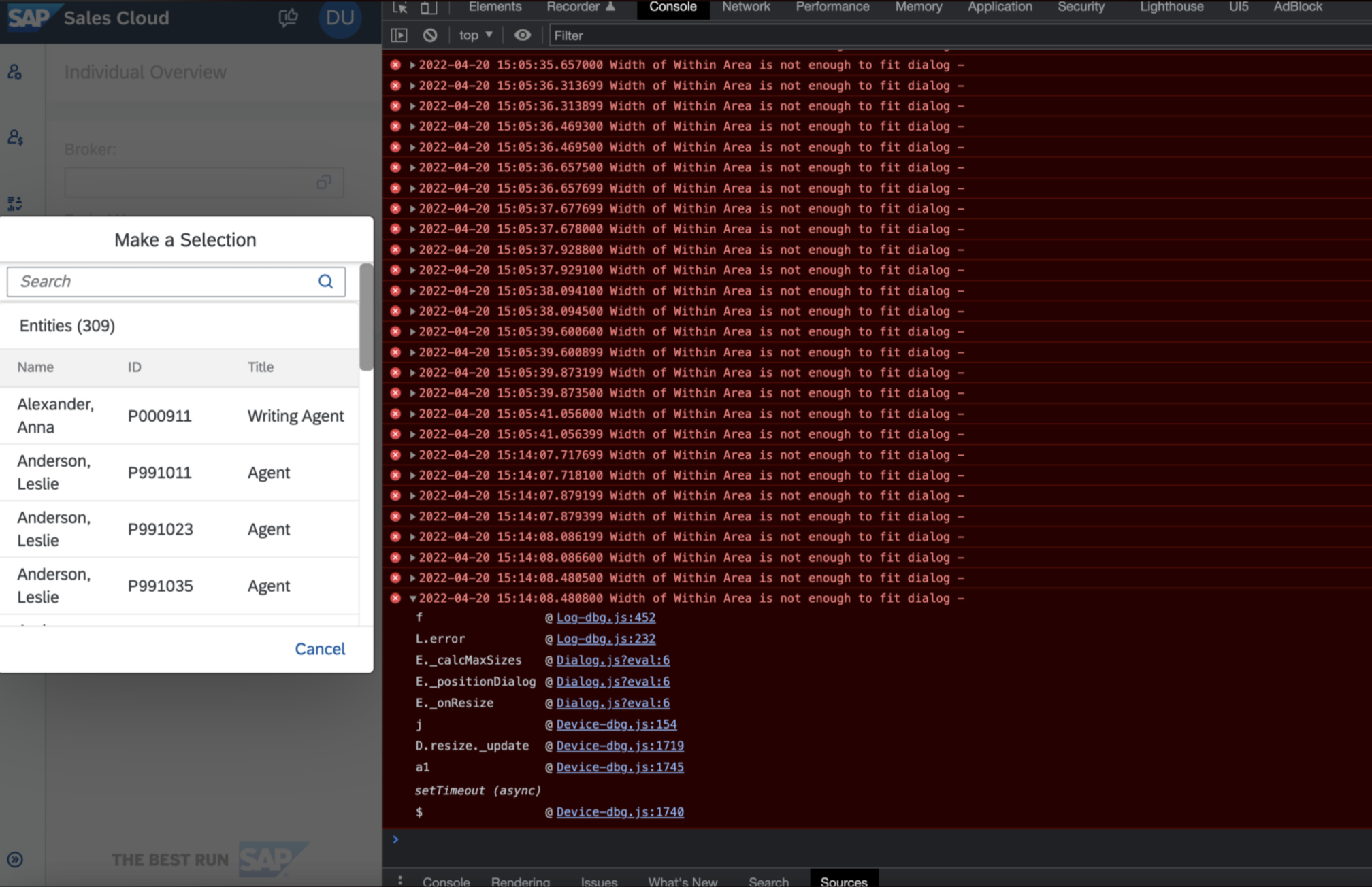Too many errors in the console when I try to resize dev's console and ...