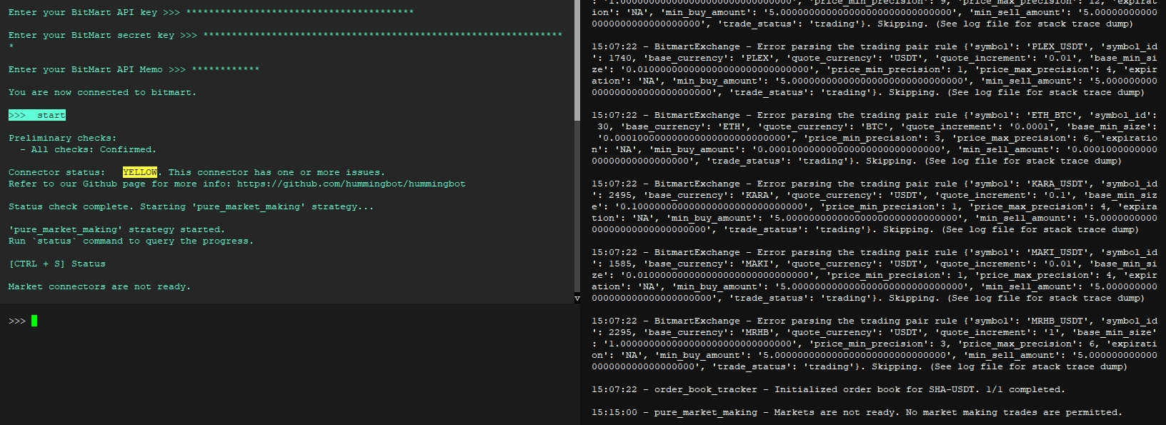 Bitmart PureMM Strategy: Market connectors are not ready. · Issue #5660 ·  hummingbot/hummingbot
