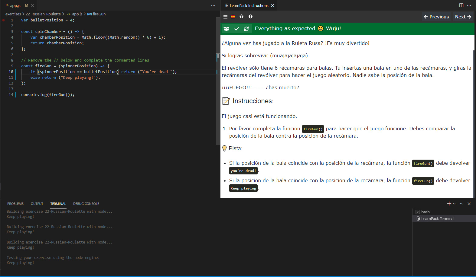 Bug on 22-Russian-Roulette, test passing with incorrect code · Issue ...