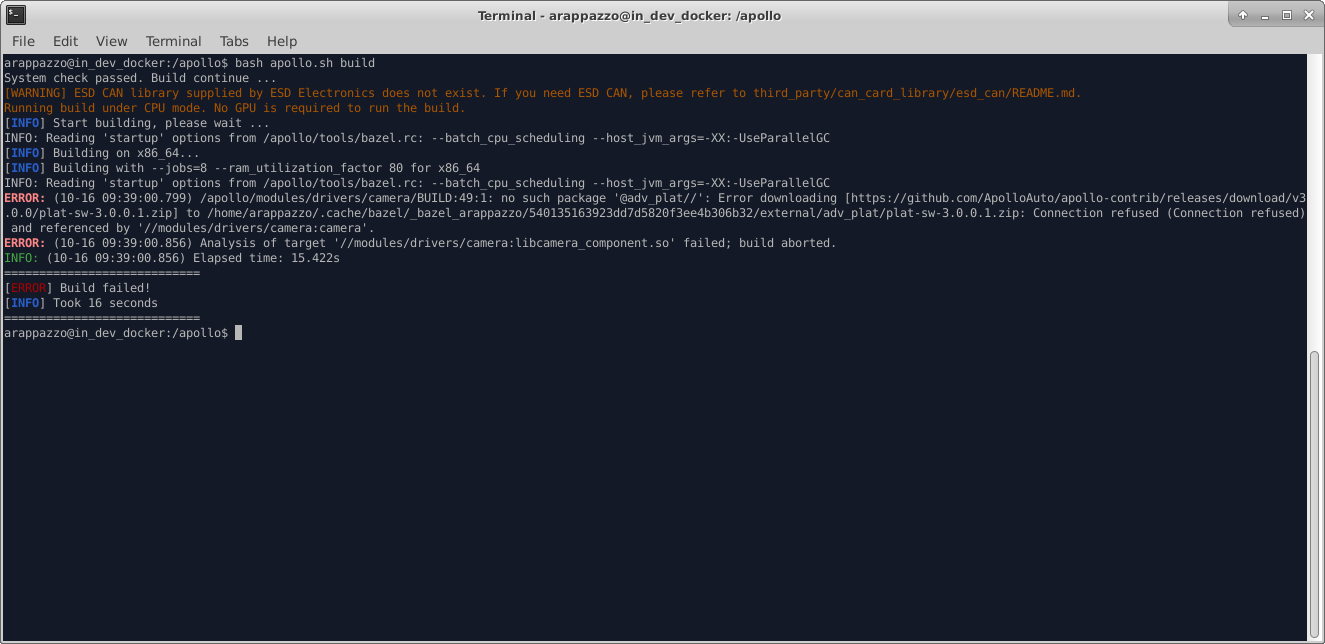 Apollo, building the Dev docker container: build failed. Missing plat ...