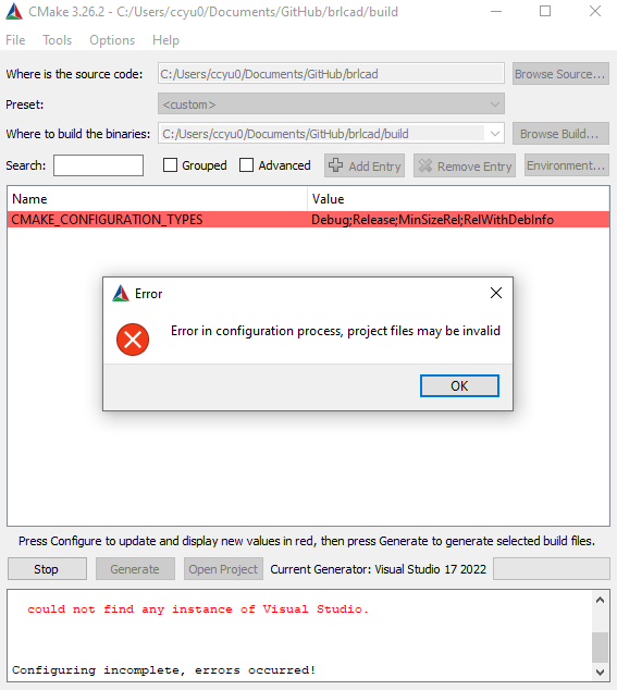 Get no instance of visual studio found when using cmake issue 72