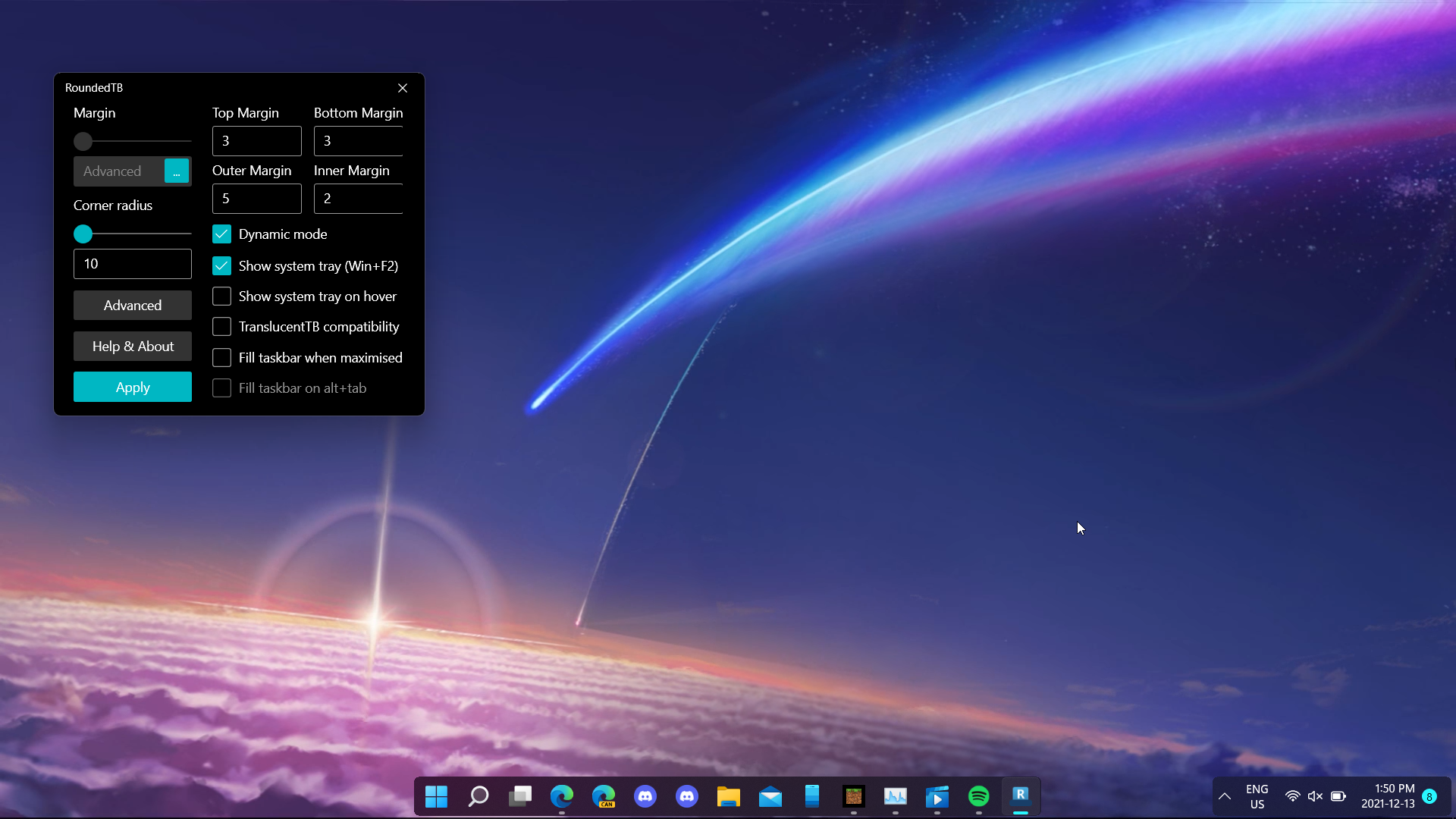 Image of Windows 11 taskbar with RoundedTB in Dynamic Mode where the Widgets button is no longer visible