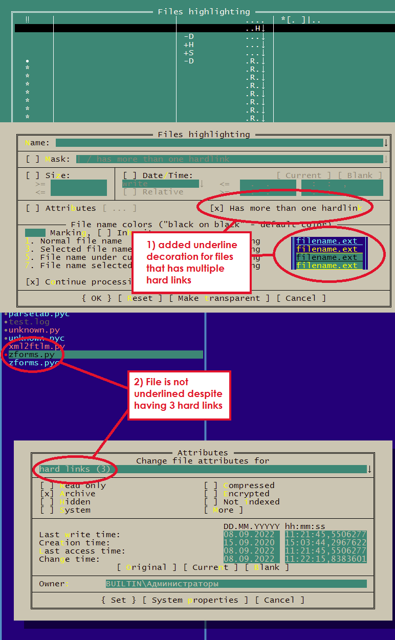 "[x] Has more than one hardlink" does not work in "Files highlighting ...