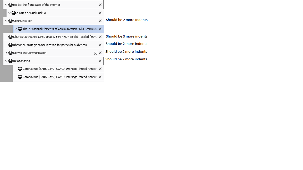 tree style tabs; cropped screenshot with malfunctioning indents; annotated