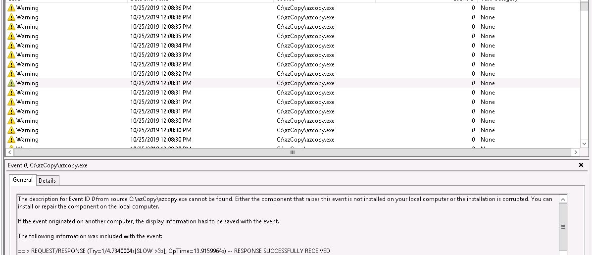 AzCopy v10 many warnings in Event Viewer when uploading big files