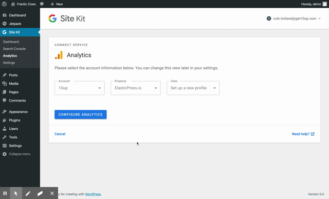 Site Kit by Google Analytics ‹ Frantic Cows — WordPress