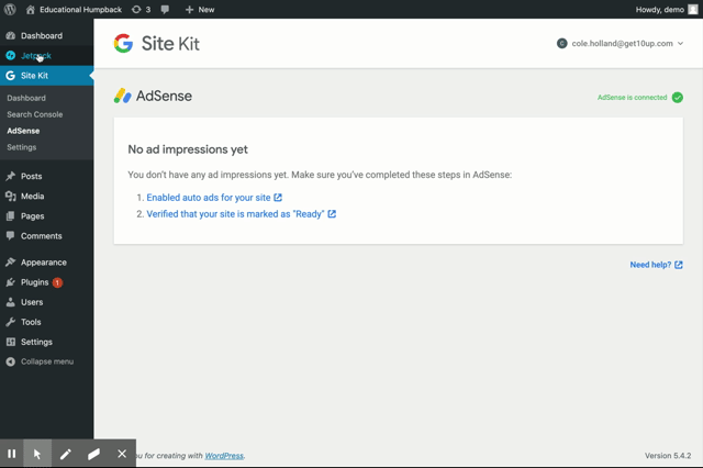 Site Kit by Google AdSense ‹ Educational Humpback — WordPress