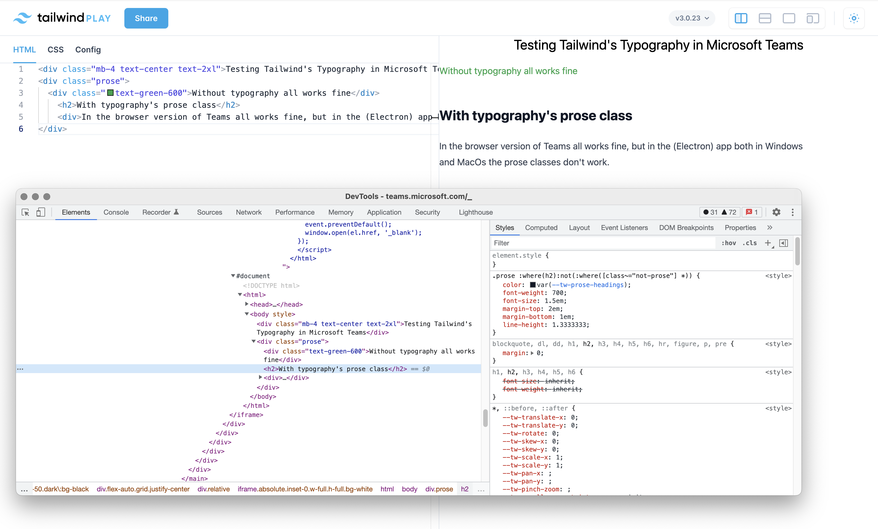 Tailwind Typography in Teams browser