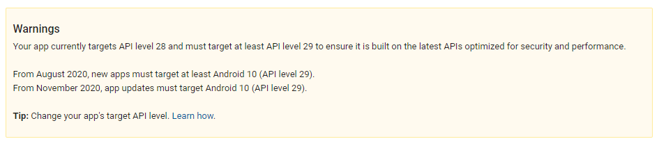 "Your app currently targets API level 28 and must target at least API ...