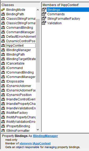 VBE Object Browser showing the vbmvvm library loaded
