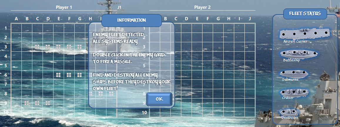 Enemy fleet detected; all systems ready; double click in the enemy grid to fire a missile.