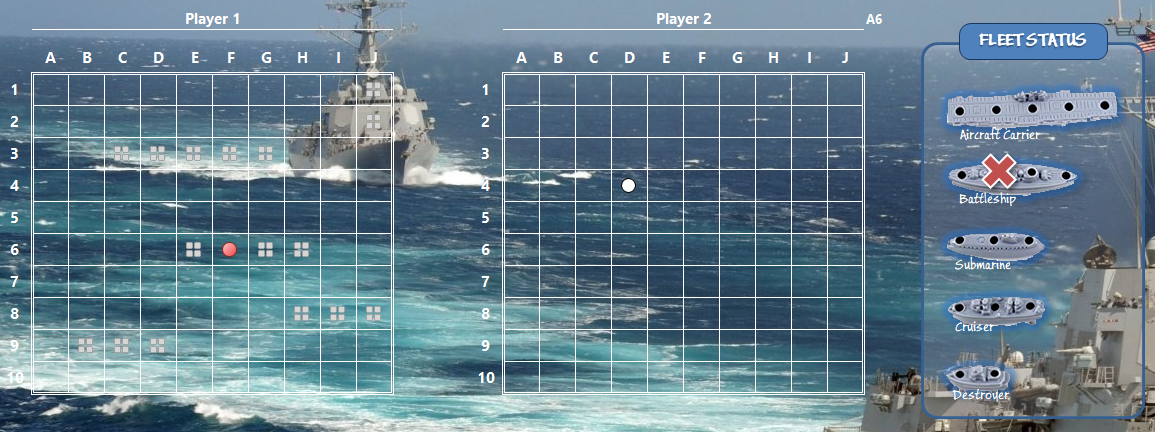 player 1 missed in D4, player 2 hit battleship (E5, horizontal) in F6