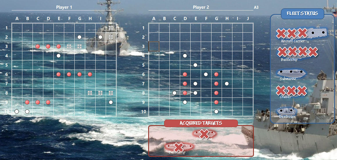 acquired battleship and submarine, merciless AI sunk cruiser and battleship, and is two hits shy of sinking my carrier