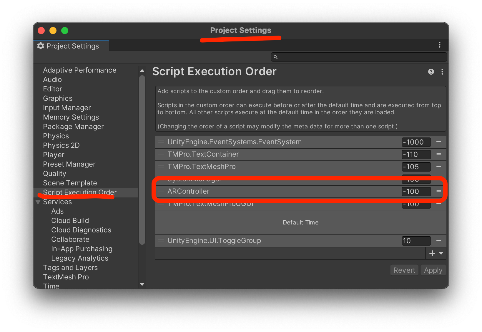 sSetting the script execution order for ARController in the Unity project settings to -100