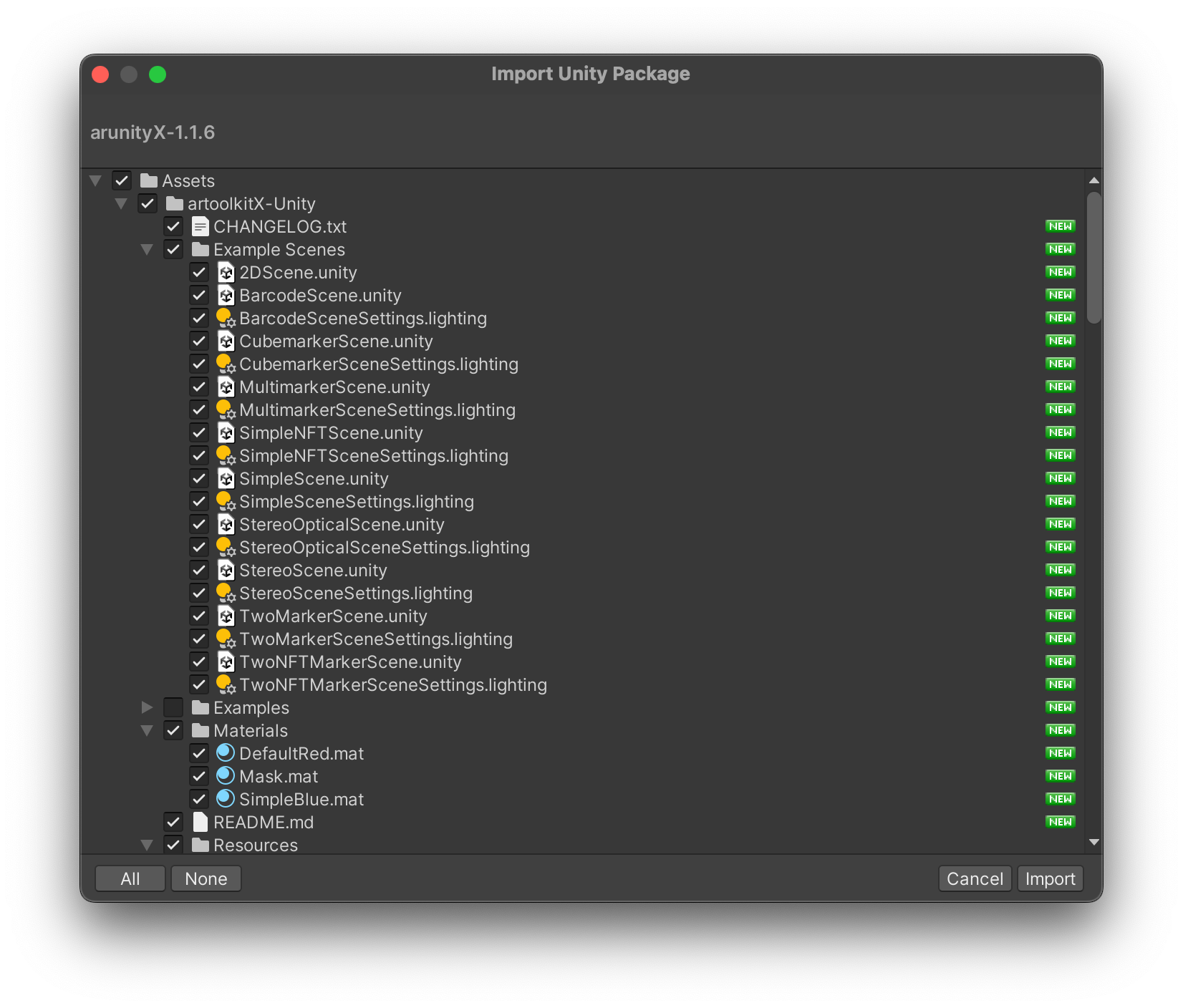 Choose which parts of the package to import in Unity's dialog