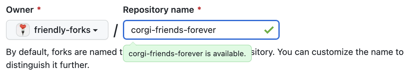 screenshot of forking when the fork has been renamed and has a green check
