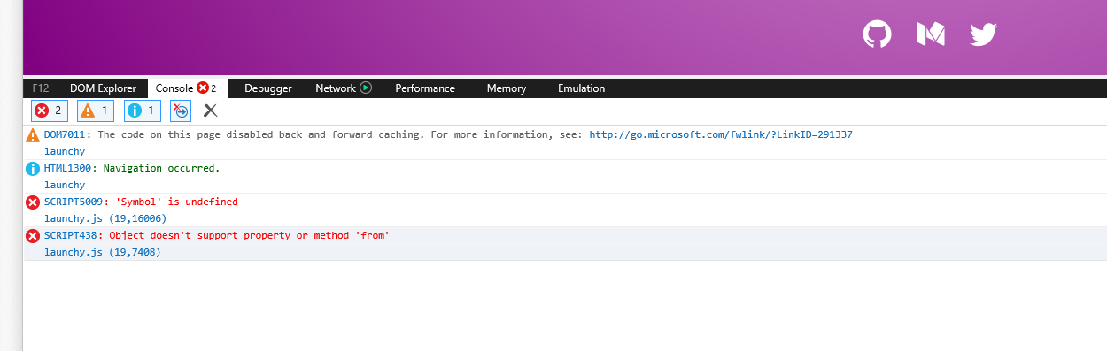 Launchy IE11 Console Errors