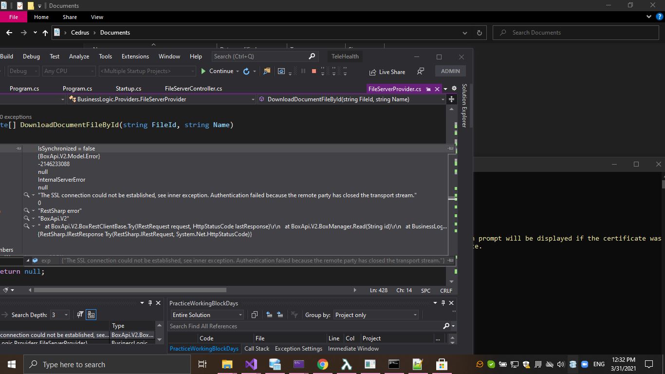 The SSL connection could not be established, see inner exception