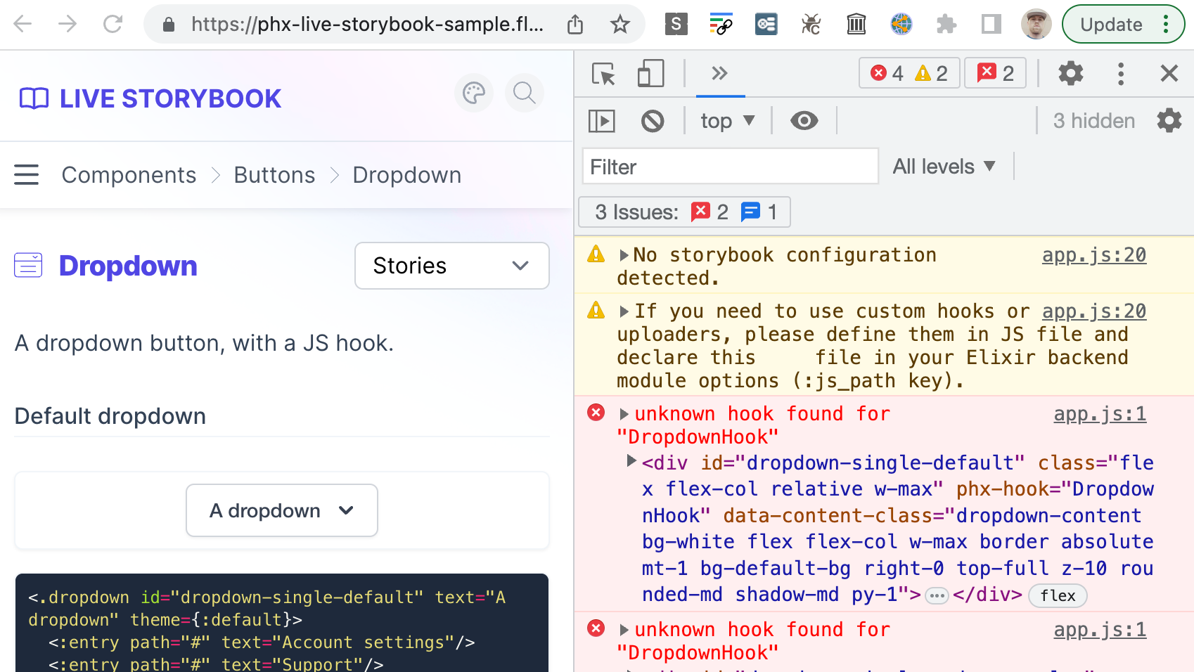 The hook example (dropdown component) on reference fly.io deploy isn't