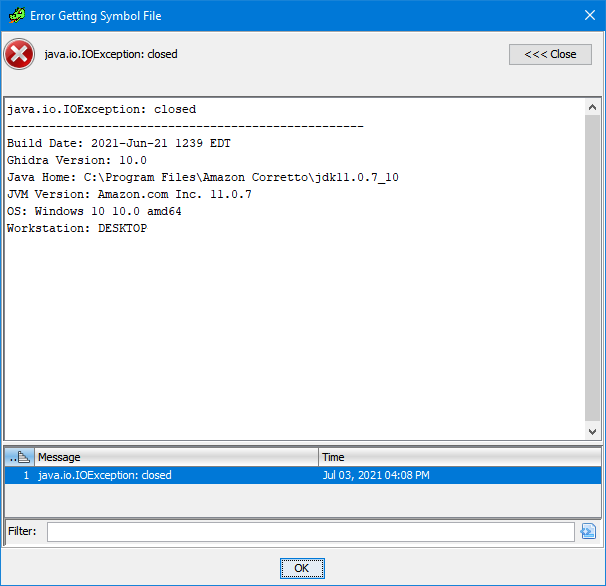 Error getting symbol file IOException closed