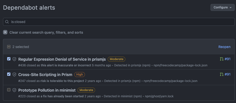 Dependabot alerts bulk dismiss