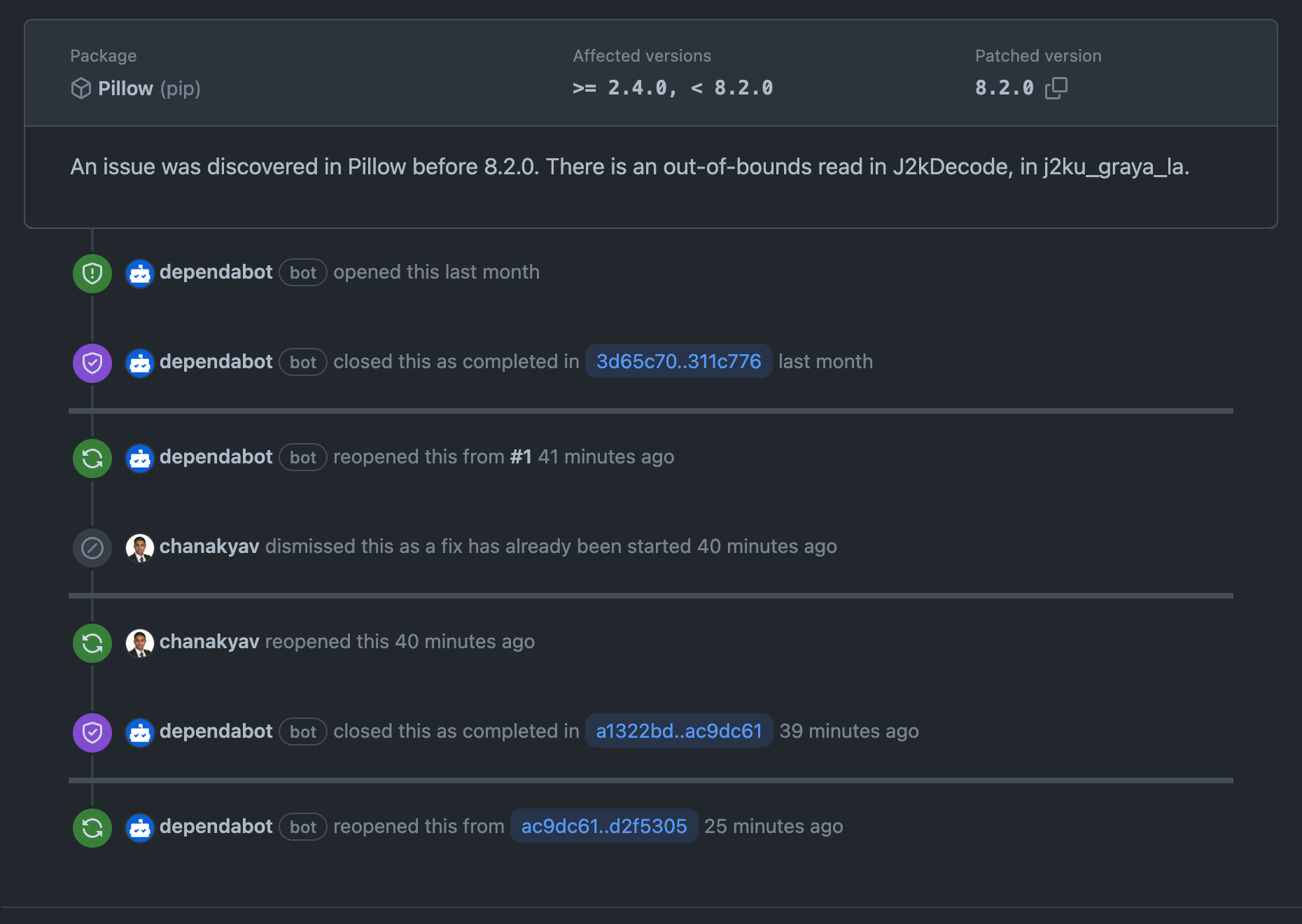 Dependabot alerts timeline