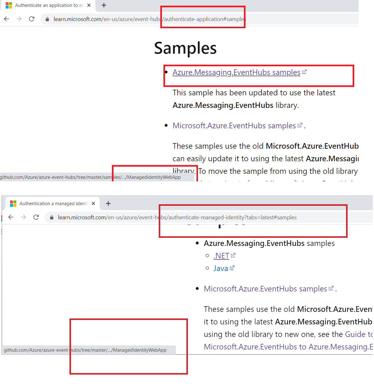 Referencing the same sample for both managed identity and other auth options for Azure Event Hub