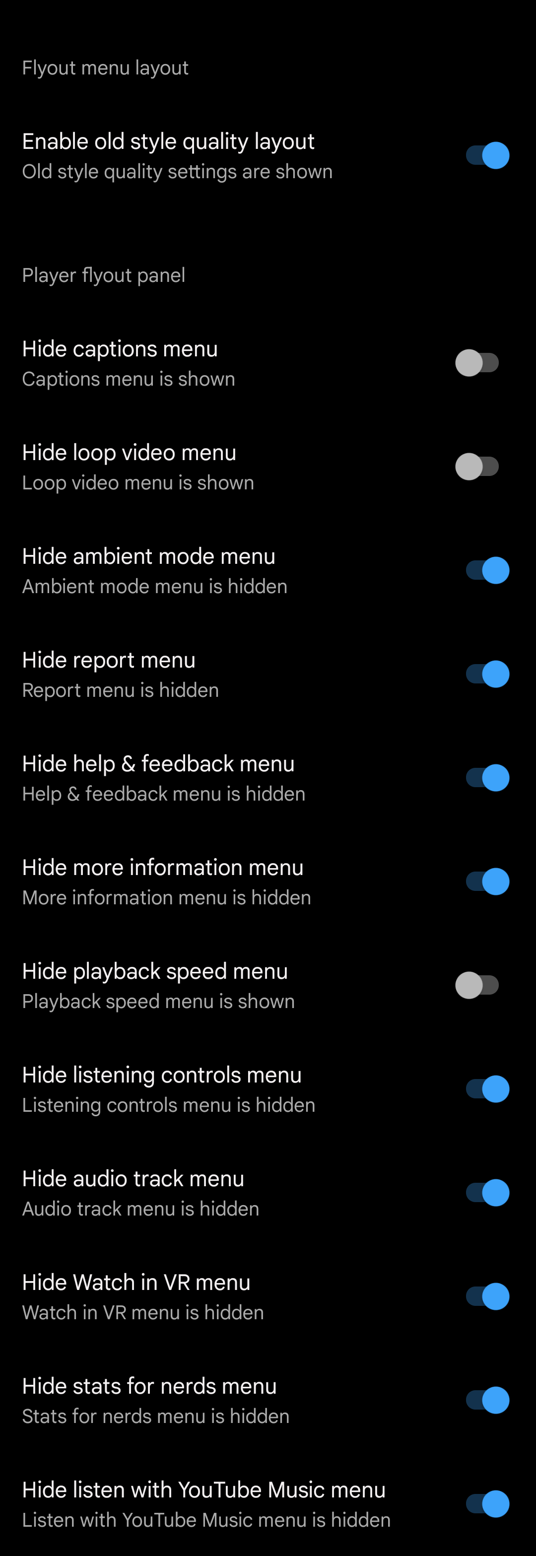 bug(YouTube/Hide player flyout panel) components are not hidden when