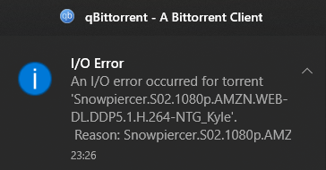 Input/output IO error torrent will stuck in errored state, won't finish ...