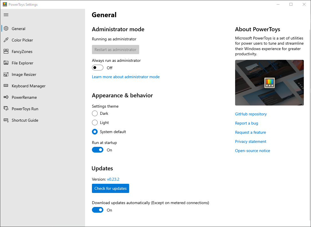 powertoys should run as regular user if user does not request elevating