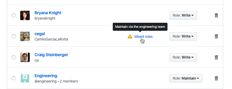 An example of a mixed roles warning for a user on the Manage Access page.