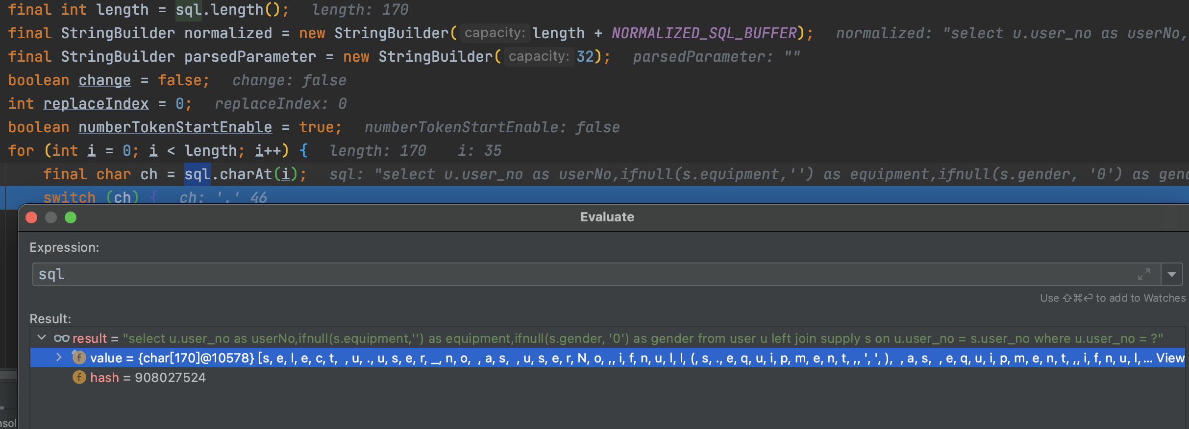 The obtained sql statement shows the missing closing parenthesis