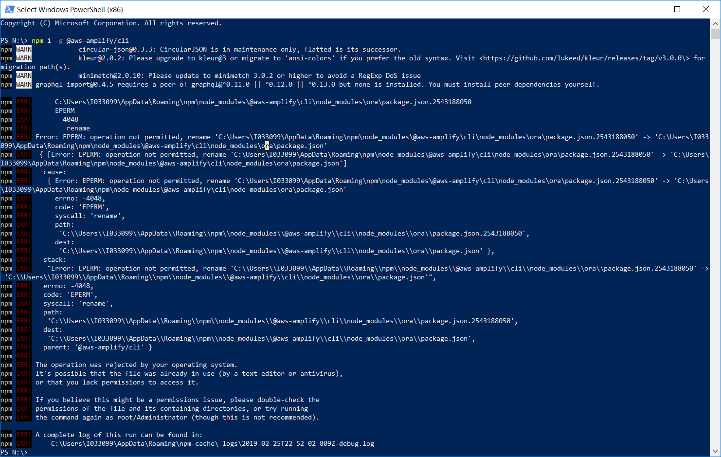 Not able to npm install g awsamplify/cli. Giving npm Err errno
