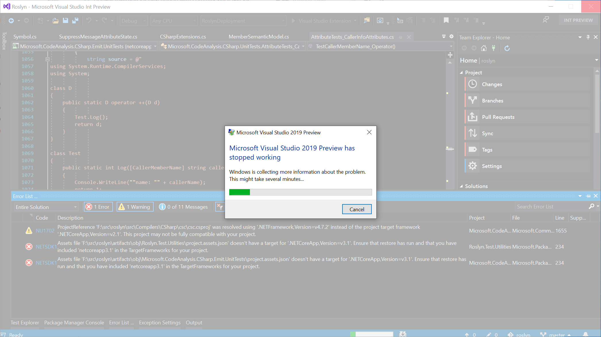 VS crashes when I change branches · Issue #5869 · dotnet/project-system ...