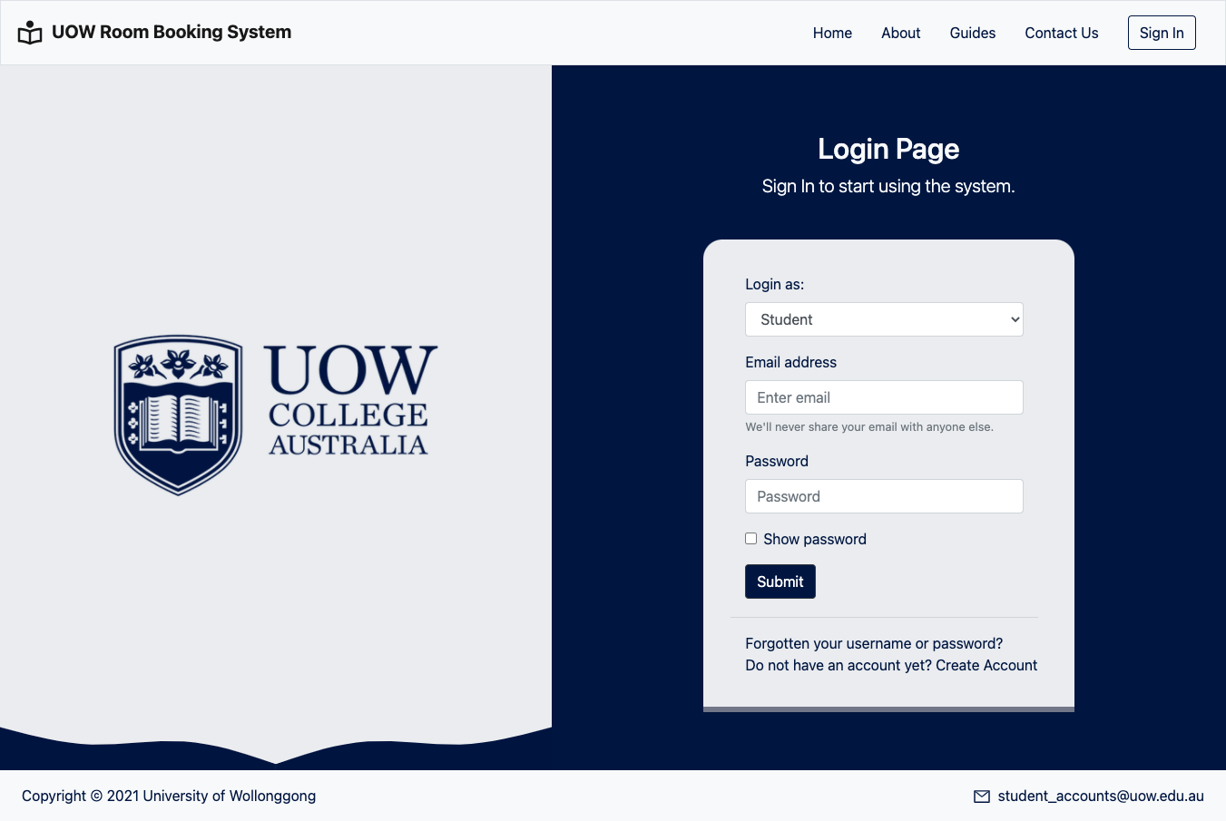 University room booking system homepage