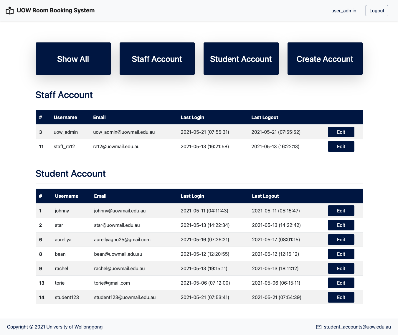 Room Booking System user admin dashboard