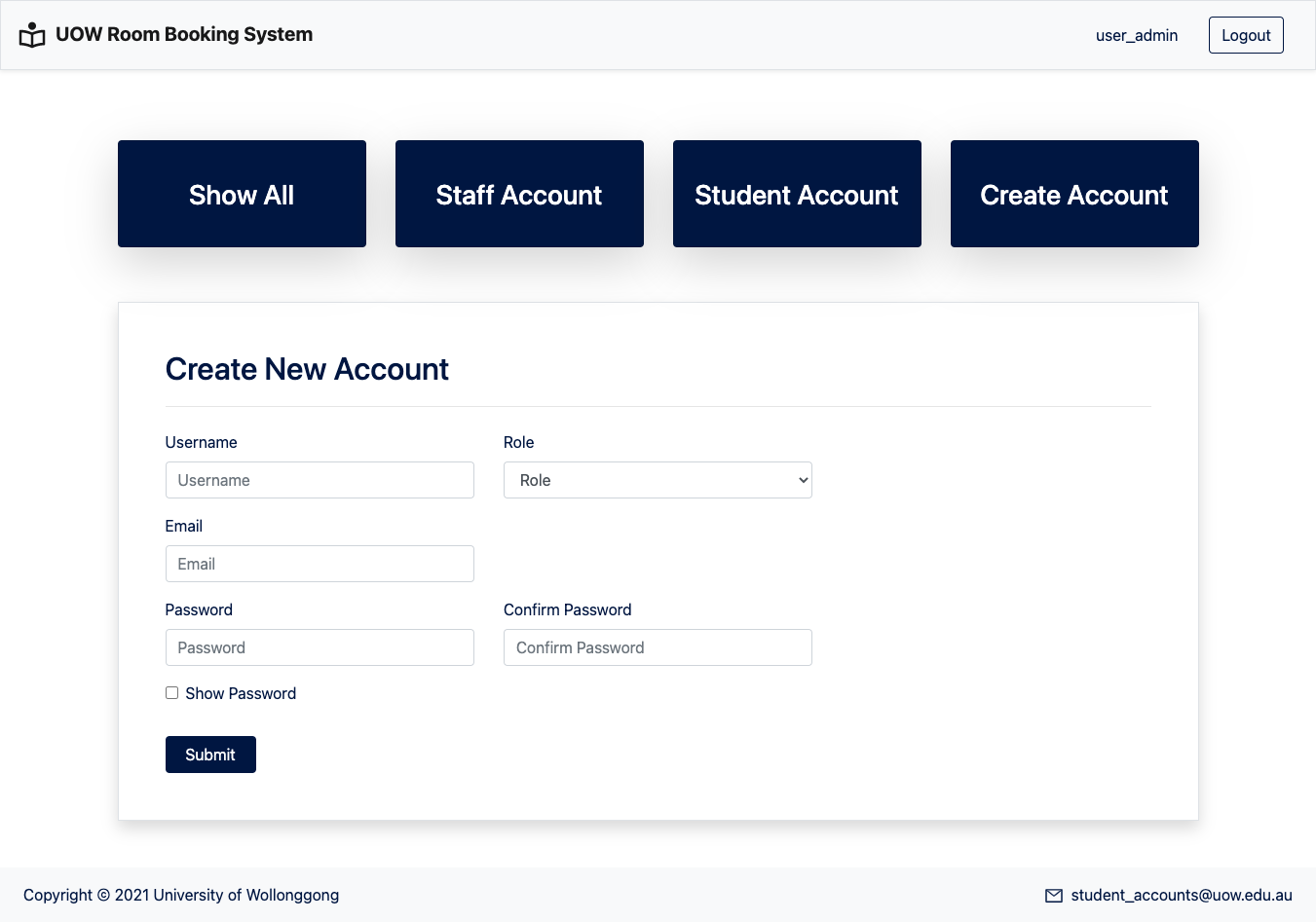Room Booking System account creation form