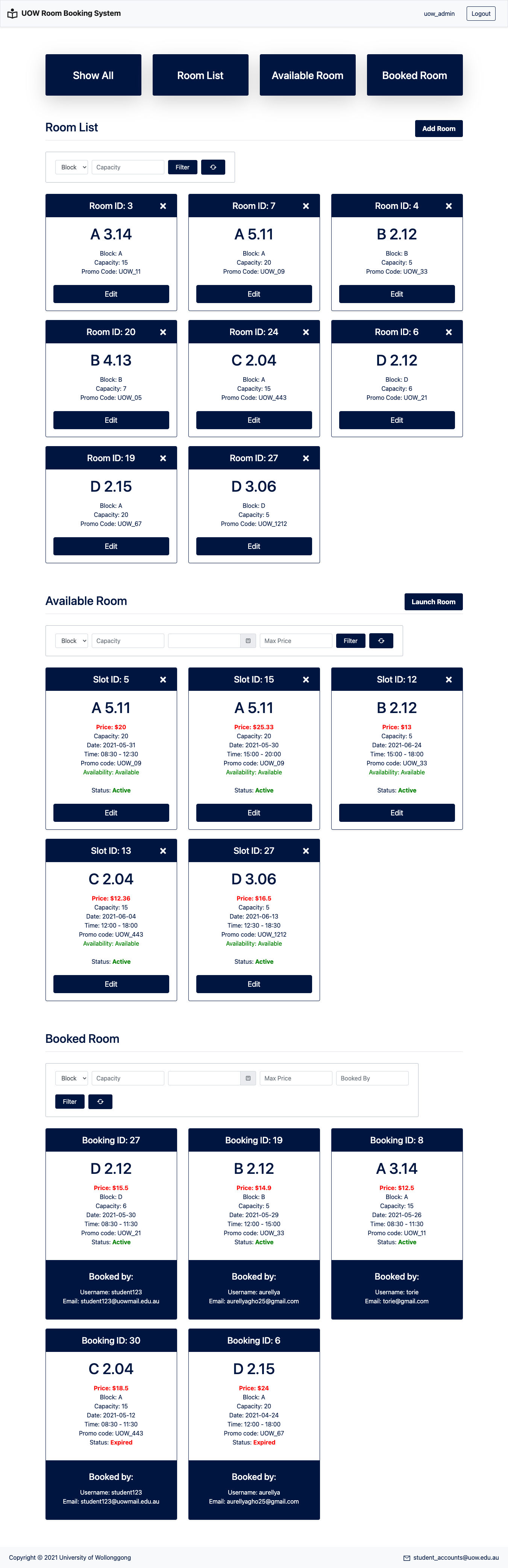 Room Booking System staff dashboard