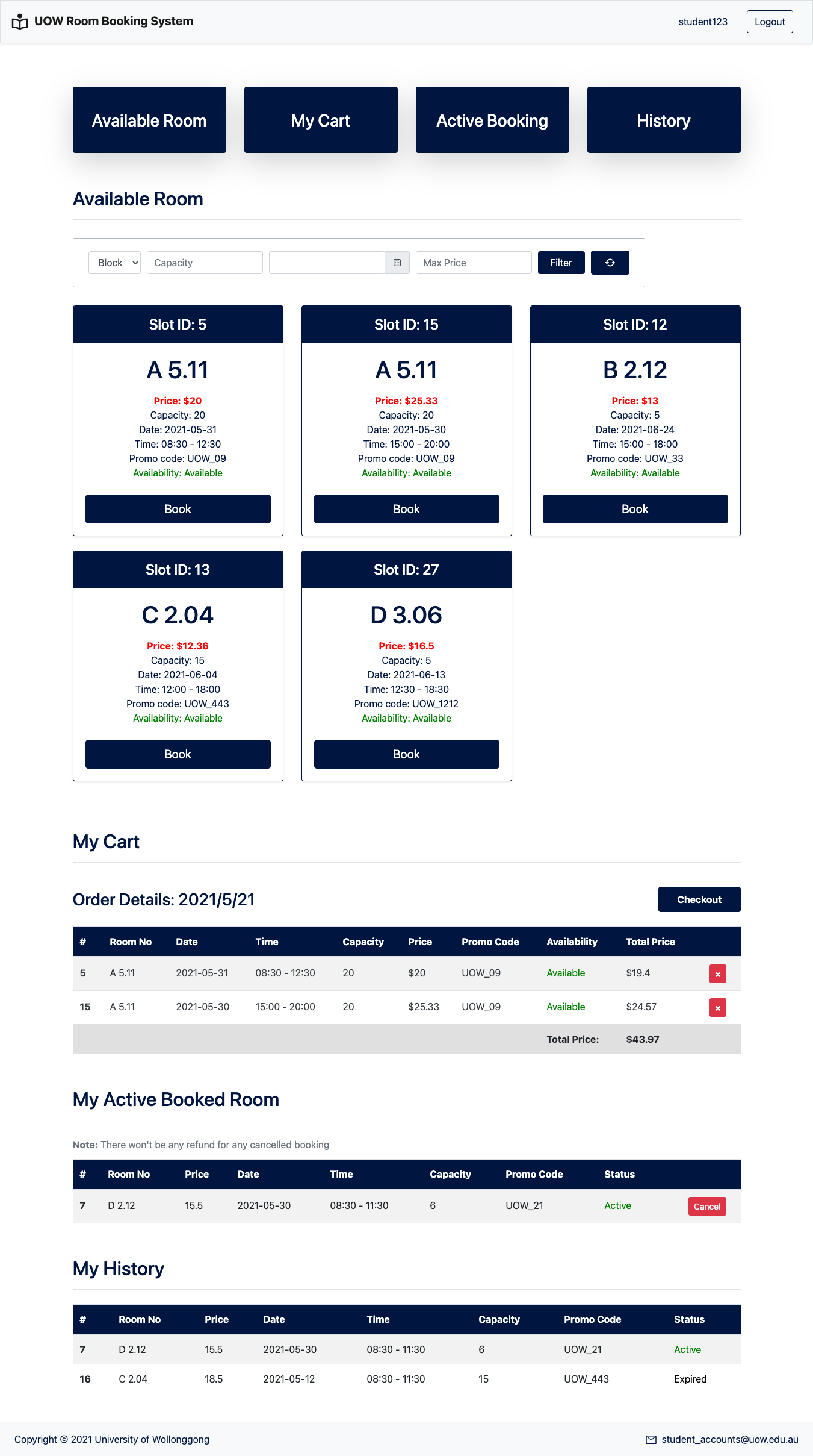 Room Booking System student dashboard